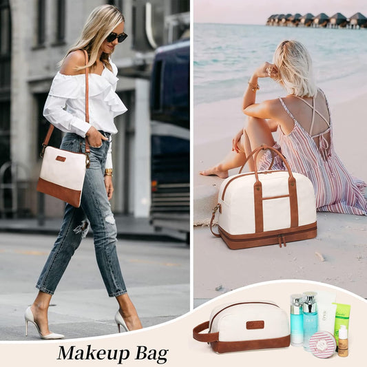 Weekender Bag for Women Canvas Overnight Bag Large Travel Tote Bag Carry on Shoulder Duffle Bag With Shoe Compartment,Perfect for Travel/Daily Use/Birthday Gift …