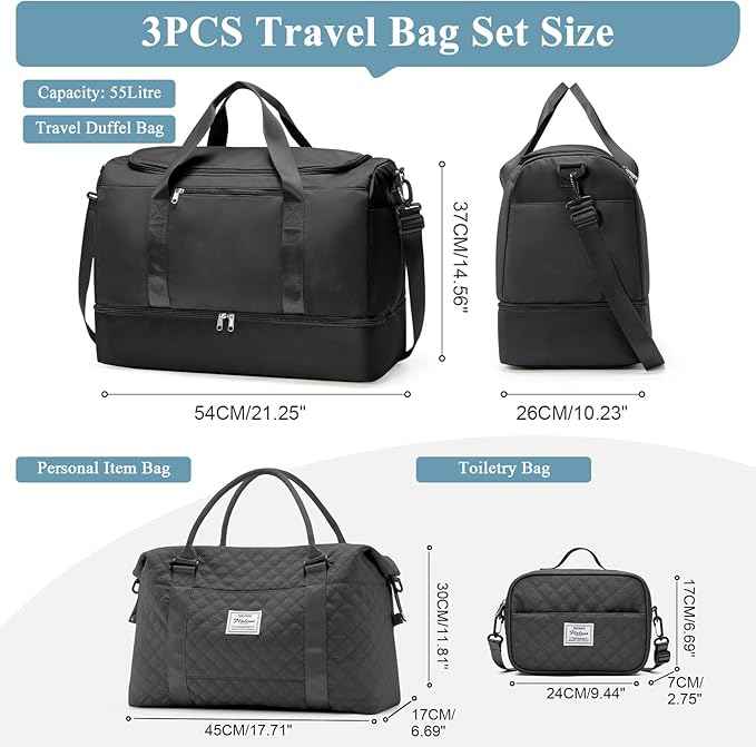 Extra Large Travel Duffle Bag,Carry on Overnight Bag with Shoes Compartment,Weekender Bags for Women for Travel Business Trips Sport Hospital,3 Pcs Set,Black