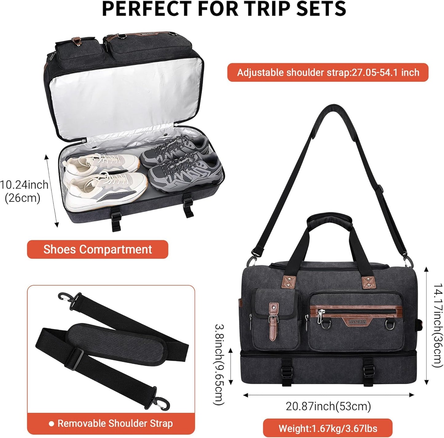 WITZMAN Canvas Weekender Bag Mens Overnight Bag for Traveling Carry on Duffle Bags with Shoes Compartment（A8010 Black） - Roamly