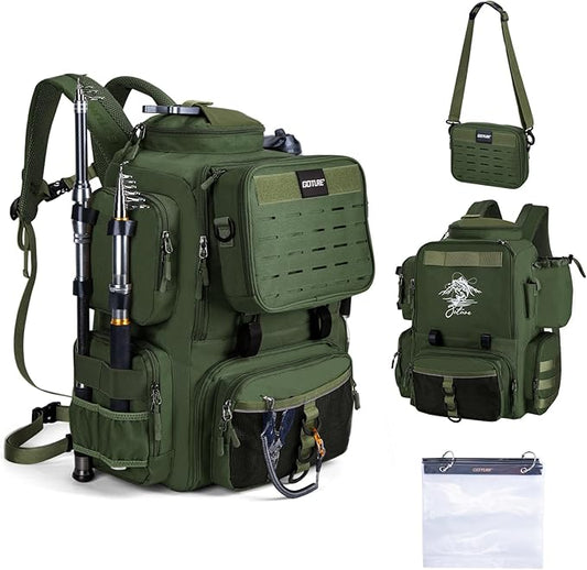 Goture Fishing Backpack, 900D Water-Resistant Tackle Backpack with Rod Holders, 58L Large Storage Gear Fishing Tackle Bag with Detachable Crossbody Bag,8 Lure Pockets,Bottle Holder for Camping Hiking