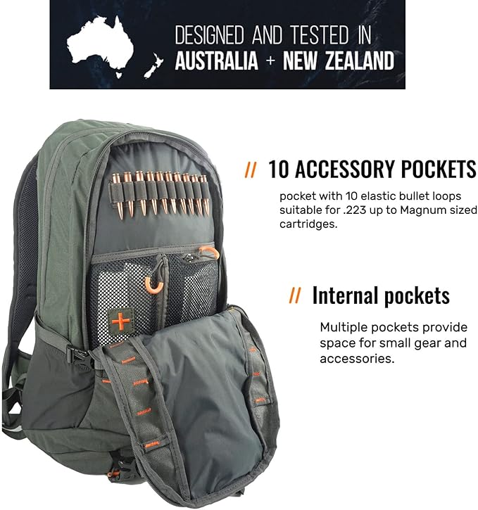 SPIKA Hunting Backpacks for Men, 25L Green Hunting Day Pack with Water Bladder, Removable Waist Belt, Rifle Holder, Internal Ammo Storage and Rain Cover