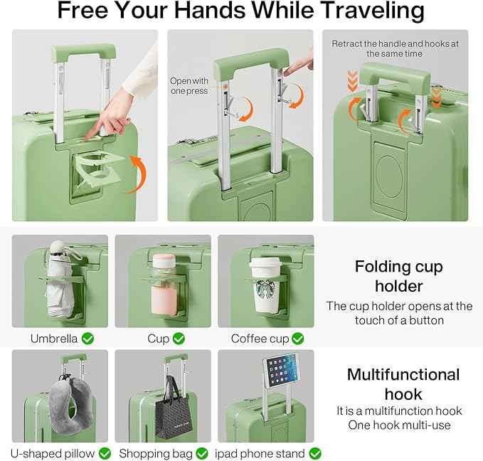mixi Carry On Luggage with Cup Phone Holder and Charger Hard Shell Suitcases with Spinner Wheels, 20 Inch Avocado Green