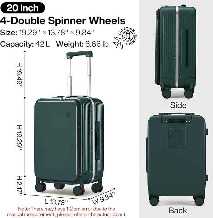 mixi Carry On Luggage with Cup Phone Holder and Charger Hard Shell Suitcases with Spinner Wheels,20 Inch Blackish Green