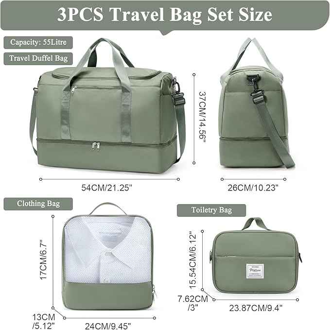 Extra Large Travel Duffle Bag,Carry on Overnight Weekend Bag with Shoes Compartment,Weekender Bags for Women for Travel Business Trips Sport Hospital,3 Pcs Set,Olive Green
