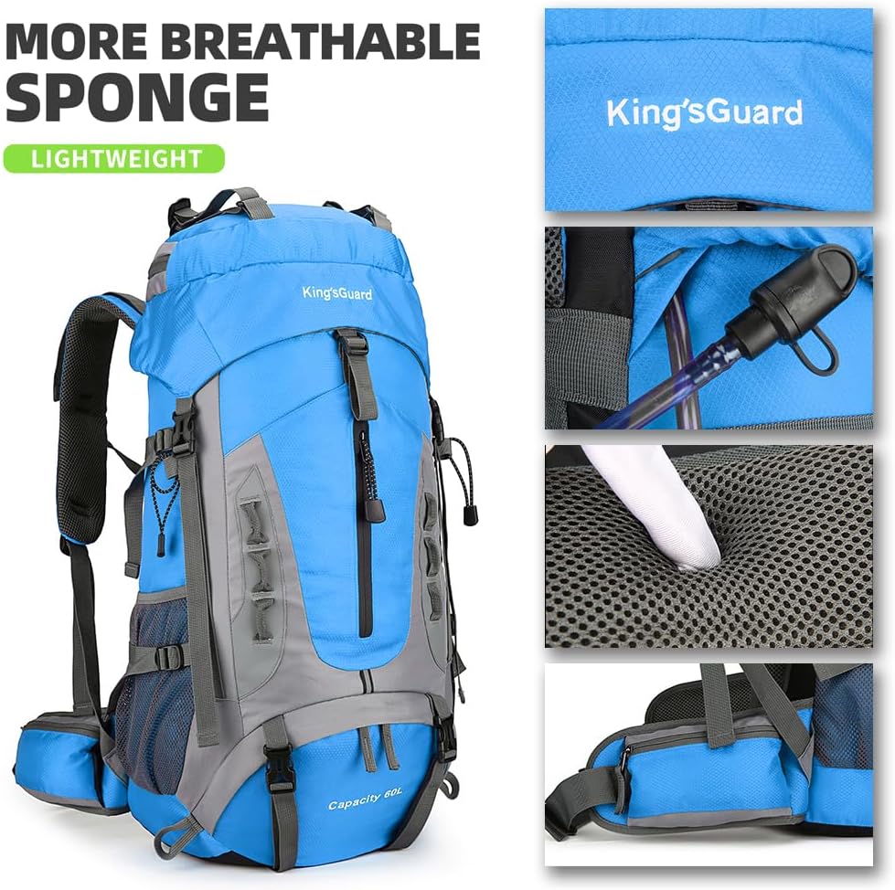 King'sGuard 60L Hiking Backpack Lightweight Camping Backpack with Rain Cover Large Waterproof Packable Outdoor Trekking Travel Backpack for Men Women (Blue) - Roamly