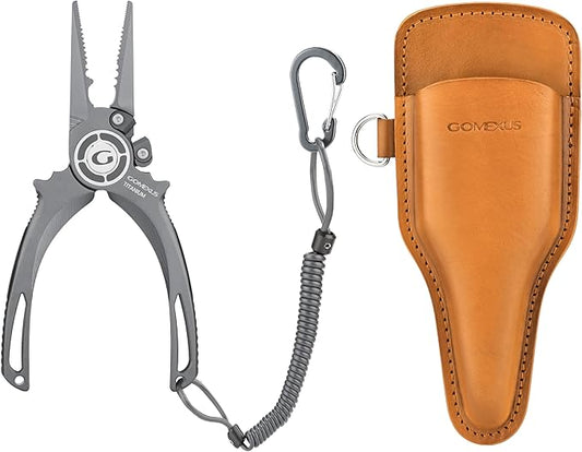 GOMEXUS Titanium Fishing Pliers 7'' with Side Cutters, Lanyard & Leather Sheath, Never Rust Hook Remover, Saltwater Resistant, Inshore & Nearshore Fishing (Straight Nose, 7 INCHES)