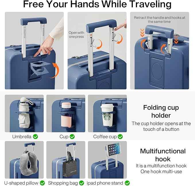 mixi Large Checked Luggage with Cup Phone Holder and Charger Hard Shell Suitcases with Spinner Wheels, 24 Inch Sapphire Blue