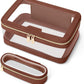 Travel Clear Makeup Bag with Makeup Brush Bag, Leather Makeup Case Toiletry Bag, Portable Cosmetic Bag Case, Transparent Waterproof Cosmetic Organizer Storage Bag for Women, Brown