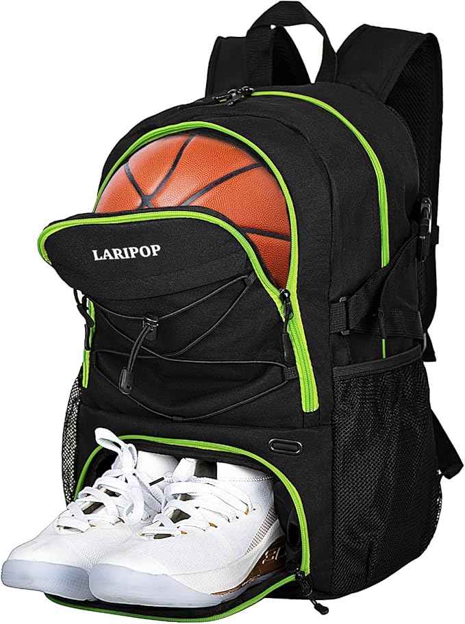 LARIPOP Basketball Bag, Sports Backpack with Ball Holder & Shoe Compartment, Water Resistant Gym Bag for Soccer Volleyball Travel