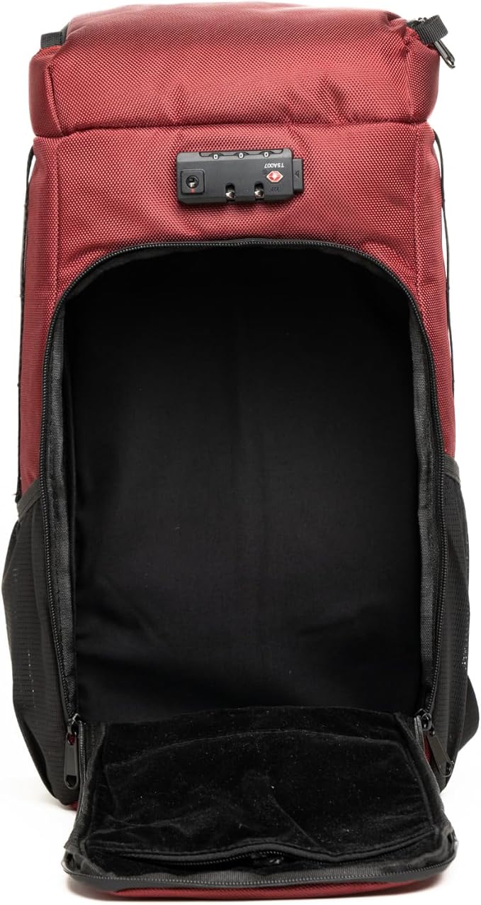 DIME BAGS Scent Sealing Backpack with Combo Lock, Carbon-Lined to Seal Odors, Removable Padded Insert, 8 Compartments, Durable Travel Bag for Glass & Gear Protection, Wiseguy (Oxblood)