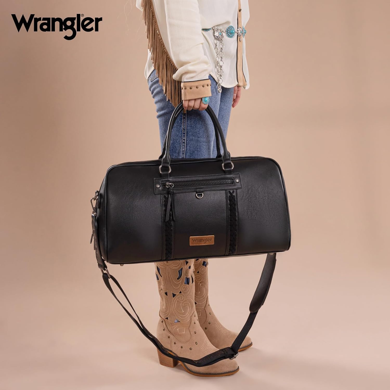 Wrangler Travel Duffel Bag Large Weekender Bag for Women Designer Carry on Overnight Bag for Trips Leather Luggage Bag Black - Roamly