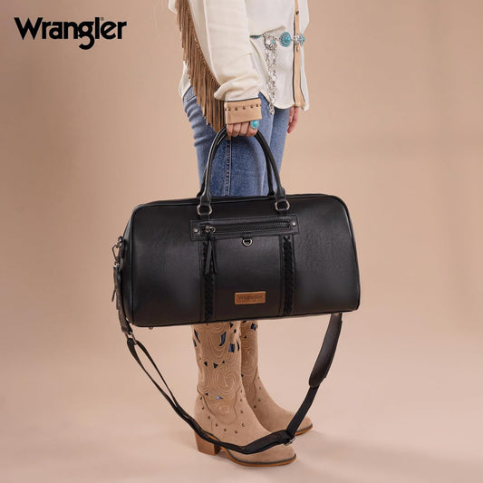 Wrangler Travel Duffel Bag Large Weekender Bag for Women Designer Carry on Overnight Bag for Trips Leather Luggage Bag Black - Roamly