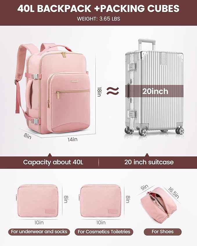 LOVEVOOK Travel Backpack for Women & Men 40L,Airline Approved Carry On Backpack Travel Essentials,TSA Carry on Luggage,Waterproof Personal Item Travel Bag,Suitcase with 3 Packing Cubes,Pink-Pink