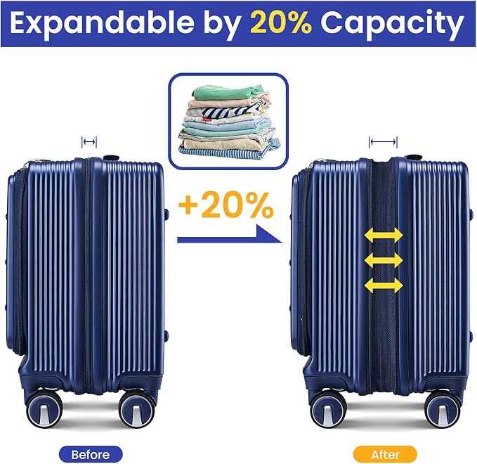 3 Piece Luggage Set 16 Inch Carry On with Front Opening, Expandable PC Hardshell Suitcase with 14" Cosmetic Case & Handbag, Lightweight Underseat Rolling Luggage with TSA Lock & PVC Cover