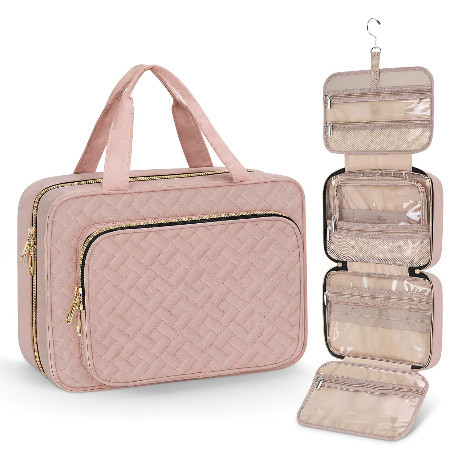Wedama Toiletry Bag for Women, Medium Cosmetic Travel Bag, Hanging Toiletry Bag for Bathroom, Thickened PVC Waterproof Makeup Bag, Toiletries Bag for Travel Business Trips and Camping, Baby Pink - Roamly
