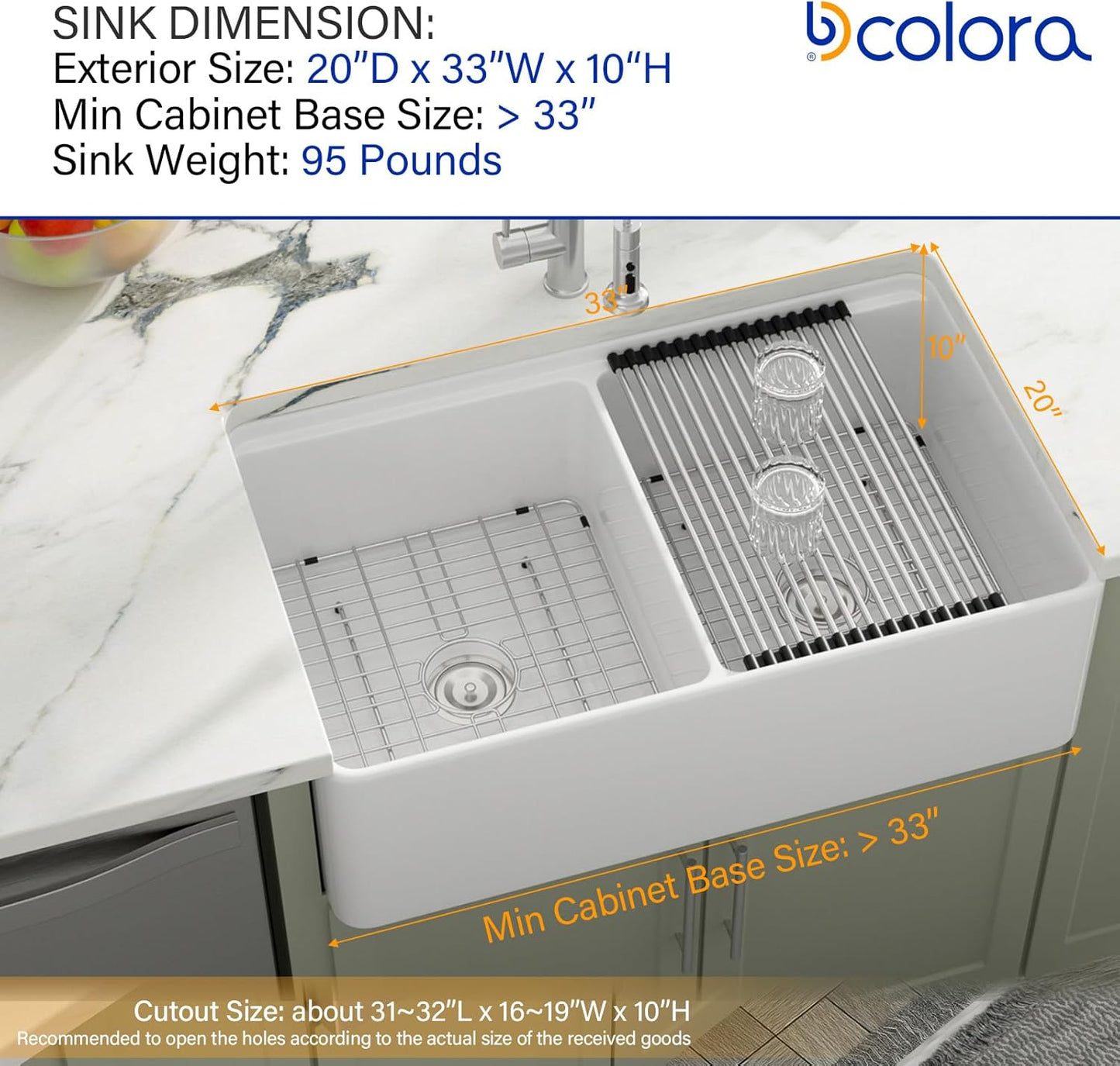 Dcolora 33 Inch White Farmhouse Sink Double Bowl 50/50 Workstation Country Farm Barn Kitchen Sink Flat Apron Front White Fireclay Ceramic Porcelain Sinks, 33x20x10, DC-A7767