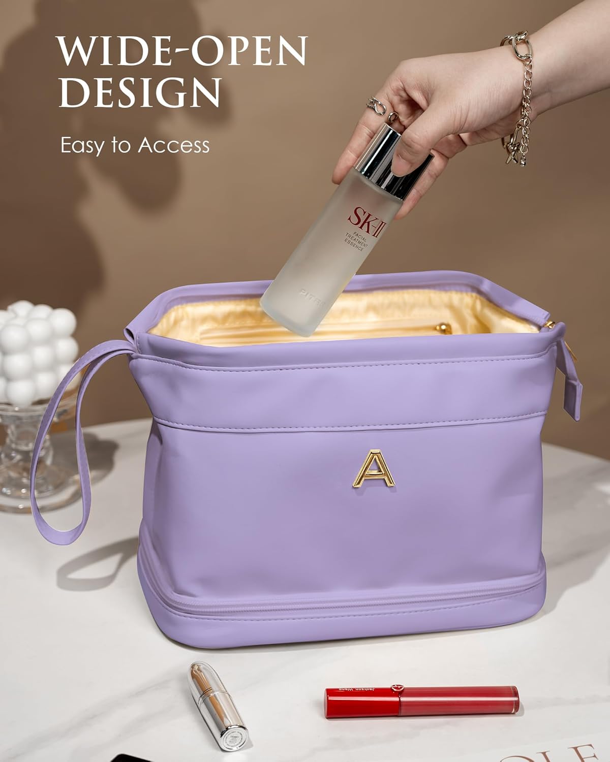 Wedding Gift Initial Makeup Bag, Personalized Double Layer Cosmetic Bag with Makeup Brush Organizer, Waterproof, Large Capacity PU Leather Travel Toiletry Bag Retirement Gifts, Daughter Gifts