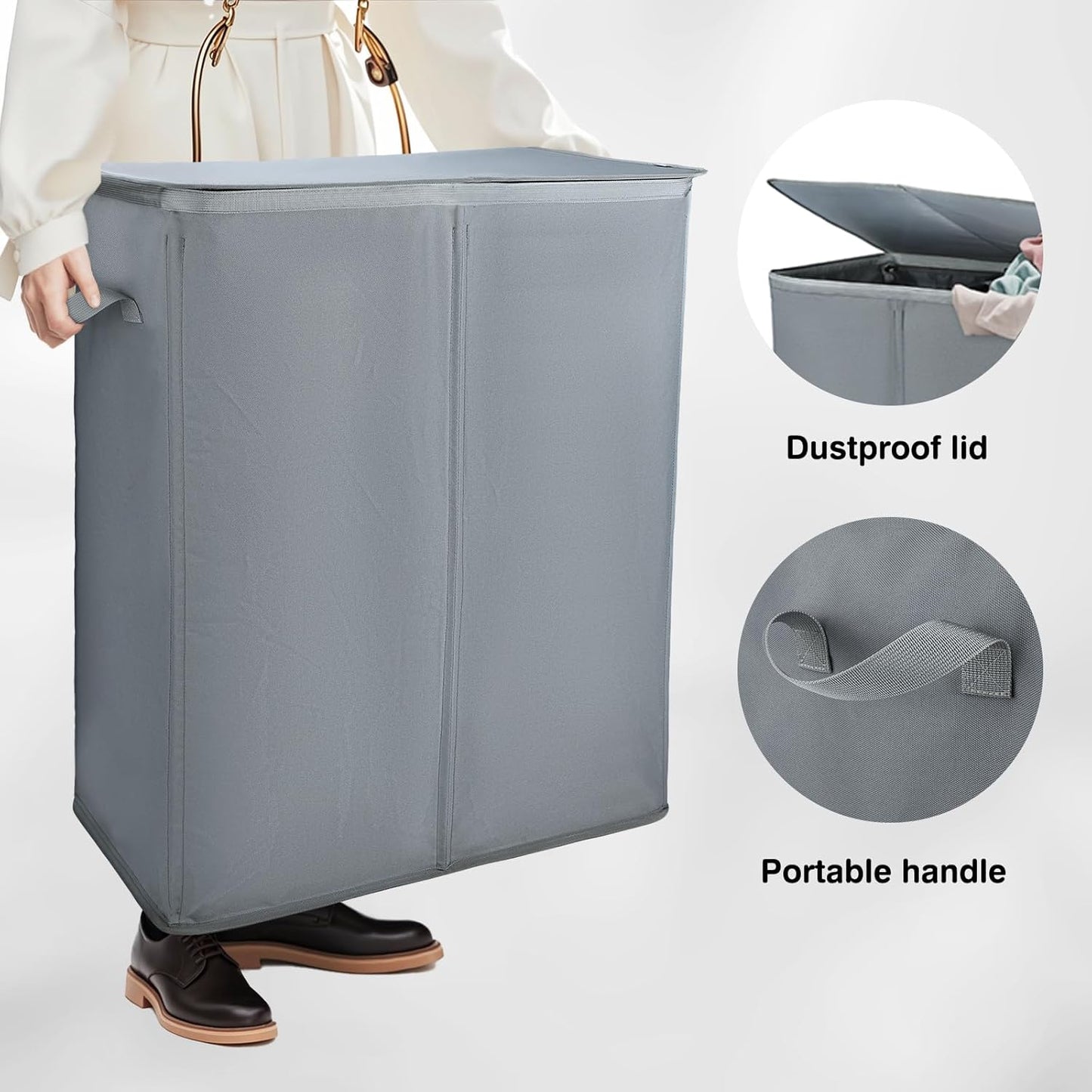Voova 154L Double Laundry Hamper with Lid and 2 Removable Laundry Bags, Large Collapsible 2 Dividers Dirty Clothes Basket with Handles for Laundry Room, Bedroom, Bathroom, College Dorm, Grey