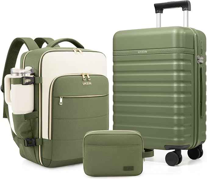 Luggage Sets 3 Piece, Carry On Luggage 20In With Spinner Wheels,PC Hardside Suitcase Set with TSA Lock,Durable Carry On Suitcase With Travel Backpack for Men (Military Green, 3 piece set (BP/20inch))