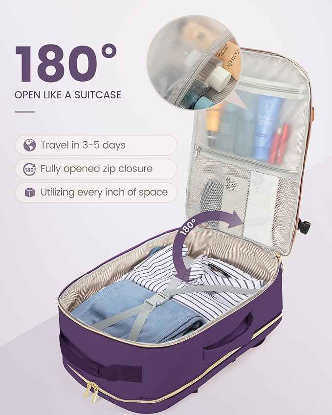 LOVEVOOK Travel Backpack for Women & Men 40L,Airline Approved Carry On Backpack Travel Essentials,TSA Carry on Luggage,Waterproof Personal Item Travel Bag,Suitcase with 3 Packing Cubes,Dark purple