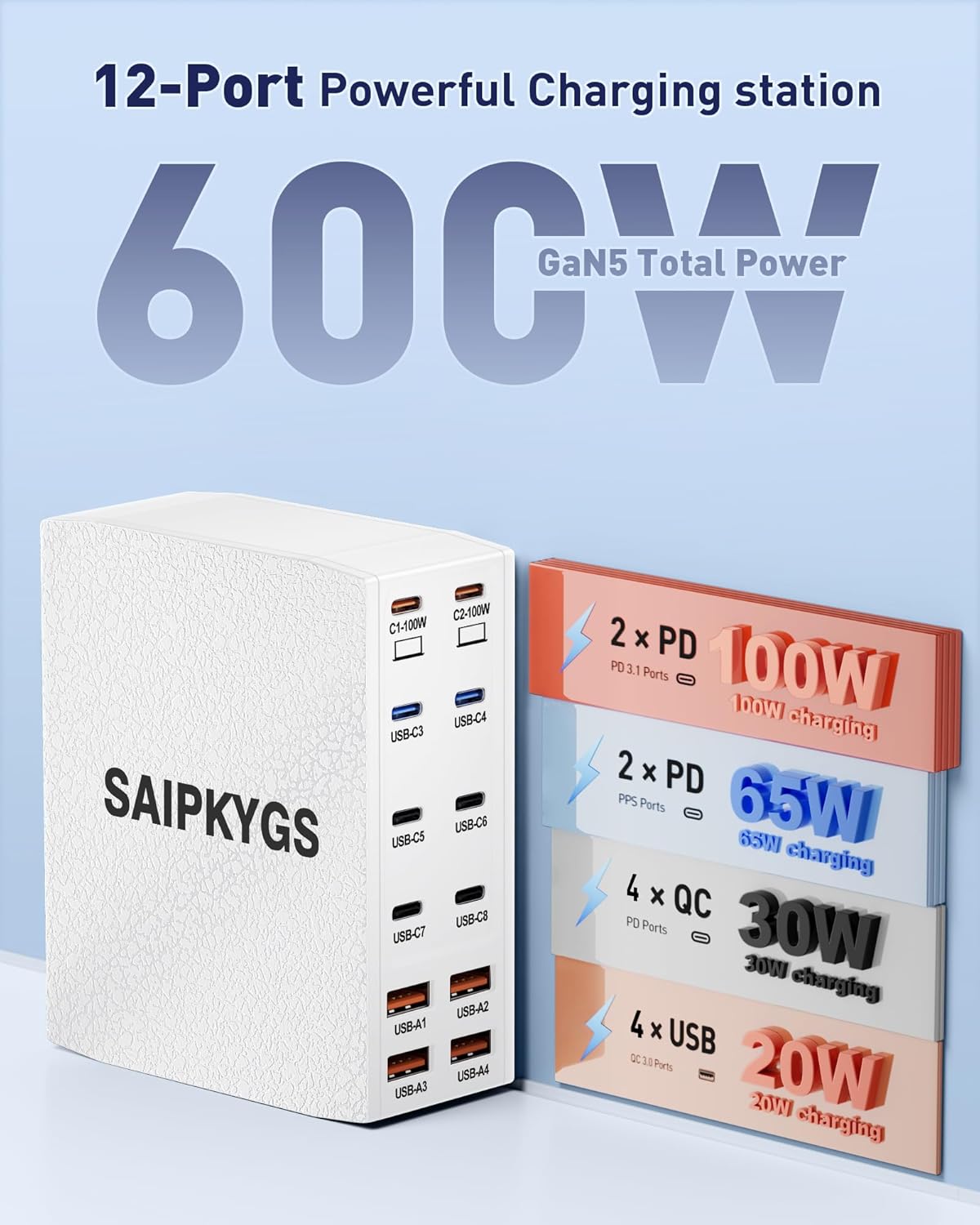 USB Charging Station (600W),12-Port USB C Charger Block with Dual 100W PD USB-C Fast Charging Station Hub for MacBook Pro/Air/All iPad Phone 17/16 15/14/13/Pro Max/Samsung Galaxy Note(White) - Roamly