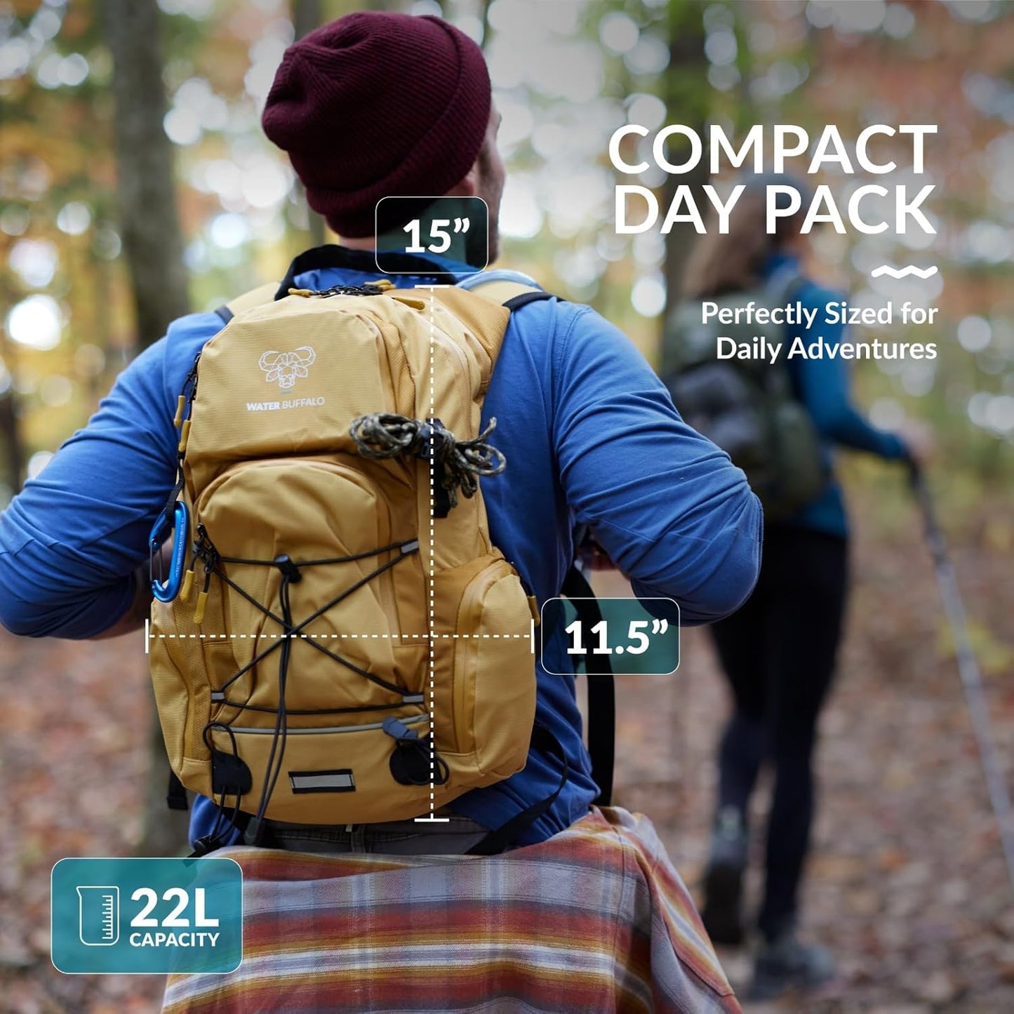 Water Buffalo Hydration Backpack - Sherpa 22L Hiking Backpack with Water Bladder - Water Backpack for Hiking with Waterproof Zippers, Phone & Pole Holders - Roamly
