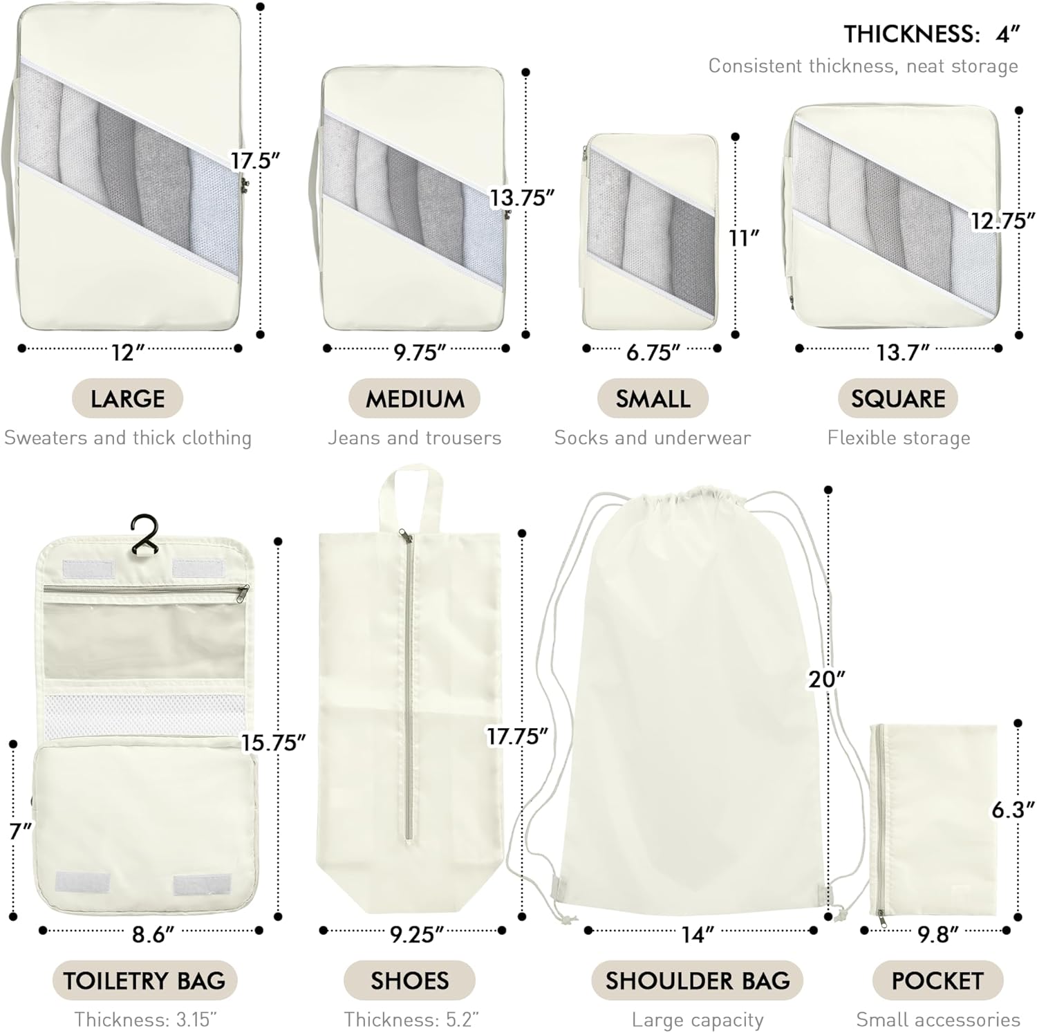 WVM Packing Cubes for Travel, 8 Set Luggage Organizer Bags with Shoe Bag, Toiletry Bag & Laundry Bag, Travel Accessories Essentials Packing Organizer, Beige - Roamly