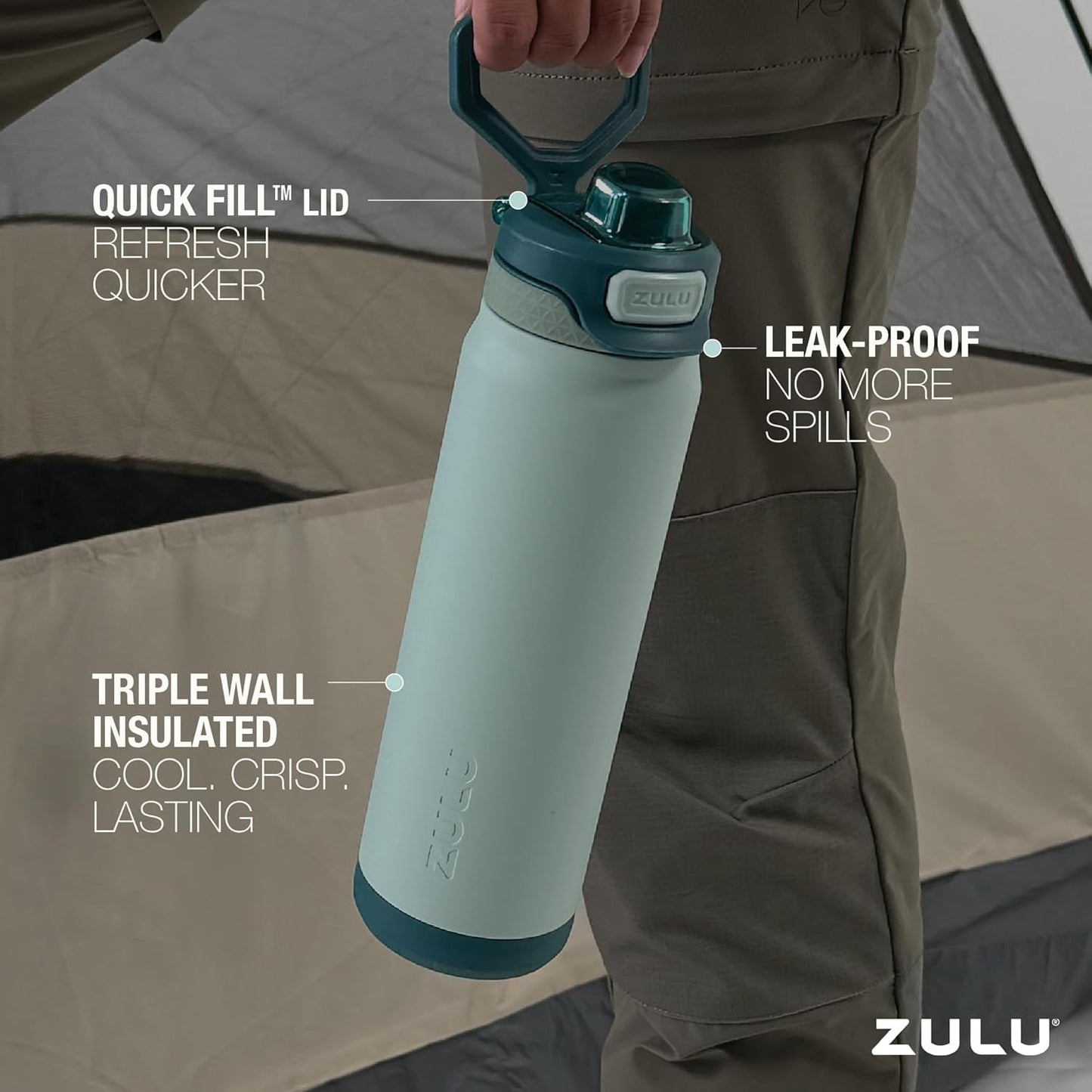 ZULU Powerfill Pro 40oz Stainless Steel Water Bottle with Quick Fill Lid, Triple Walled Vacuum Insulated Metal, Leak Proof Locking Lid, Sip and Chug, Reusable BPA Free, Evergreen - Roamly