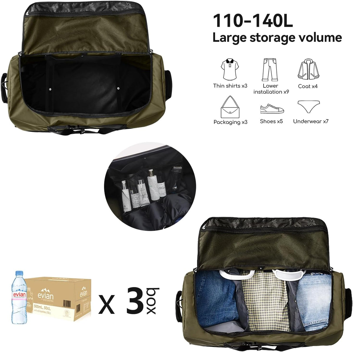 Rolling Duffle Bag with Wheels,110L/140L Expandable Soft-Sided Foldable Duffle Bag with 2 Rubber Wheels,Packable 32” Rolling Carry-On with Multi-Pockets & Compartments (Green) - Roamly