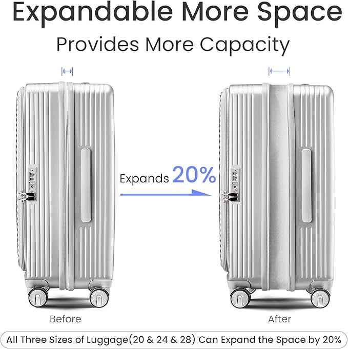3 Piece Luggage Set 100% PC Hardshell, Front Opening Expandable Suitcase (20/24/28) with Laptop Compartment & Free Custom PVC Covers, Trunk Style Lightweight Spinner Wheels TSA Lock (Silver)