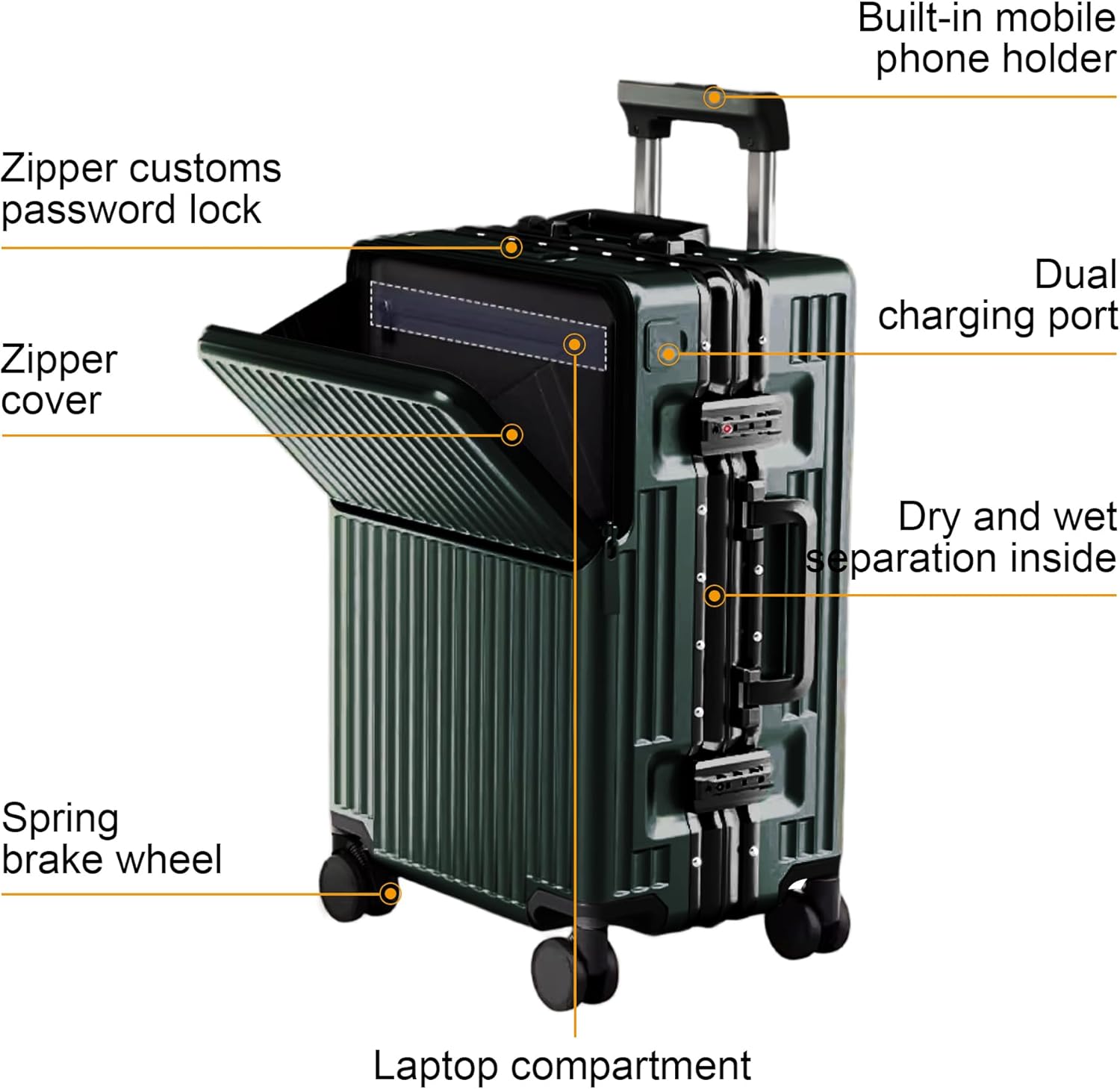 Zipperless Luggage, Polycarbonate Aluminum Hard Shell, Expandable Carry-On Suitcase with Spinner Wheels, Hard Shell Suitcase, 20 Inch Cabin - Roamly
