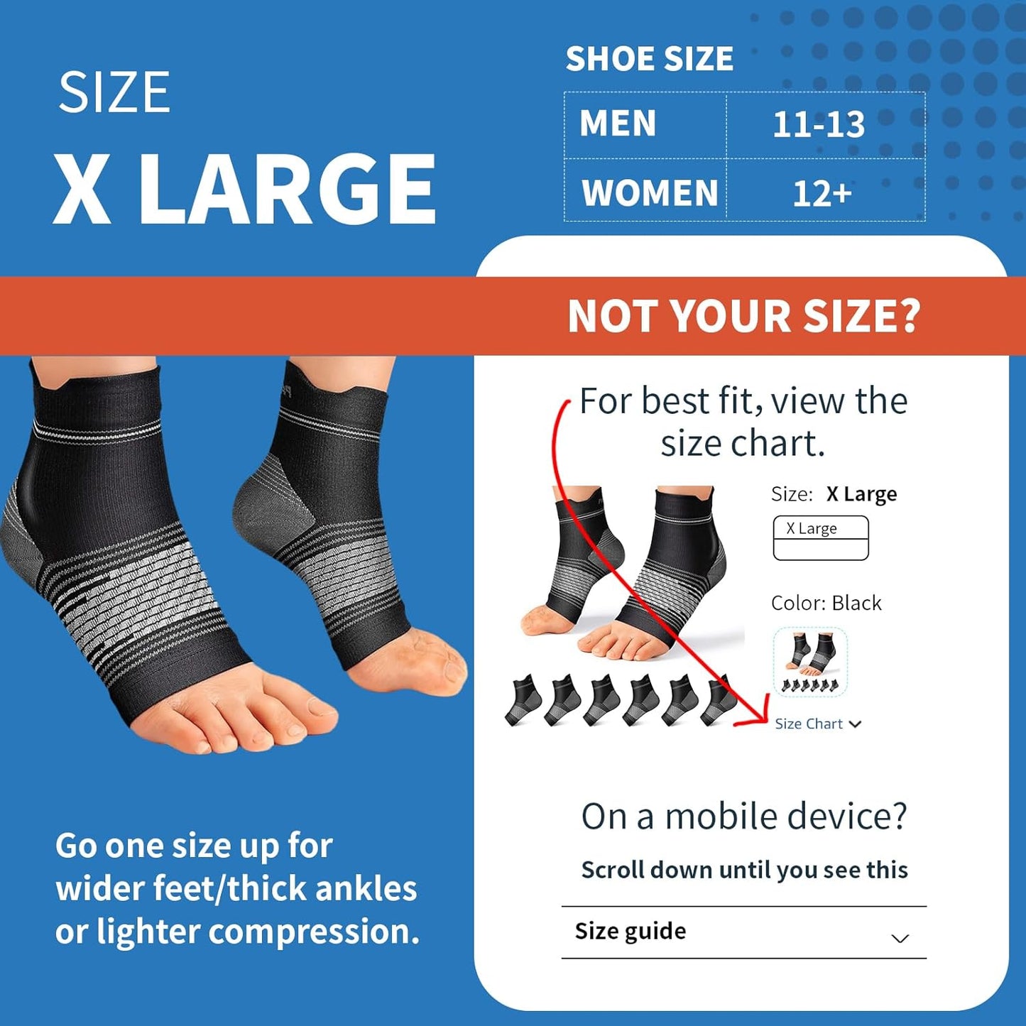 Plantar Fasciitis Sock (6 Pairs) for Men and Women, Compression Foot Sleeves with Arch and Ankle Support, Black, X-Large