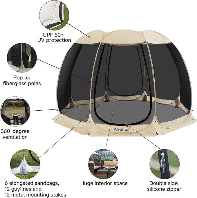 Alvantor Pop Up Screen House Gazebo with Mosquito Netting, Instant UV Resistant Sun Shelter for Patio & Backyard, Portable Canopy Tent for 2-10 Person