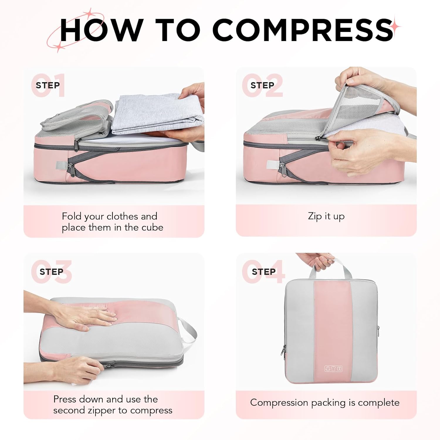 10 Set Compression Packing Cubes for Travel Essentials Women Mom,Compressible Expandable Packing Cubes for Suitcase,OlarHike Luggage Organizer Bags for Travel,Handy Helper for Organizing Clothes(Pink) - Roamly