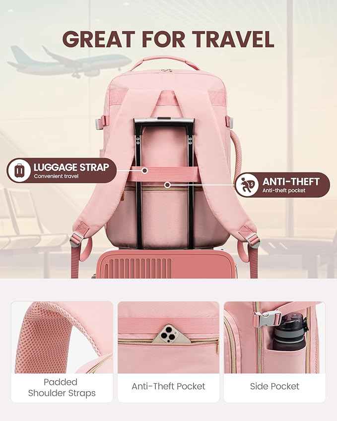 LOVEVOOK Travel Backpack for Women & Men 40L,Airline Approved Carry On Backpack Travel Essentials,TSA Carry on Luggage,Waterproof Personal Item Travel Bag,Suitcase with 3 Packing Cubes,Pink-Pink
