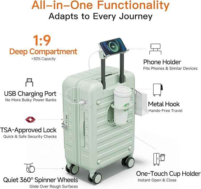 Expandable Lightweight PC Hard Shell Suitcase, 20-inch Carry On Luggage with TSA Lock, 360 Silent Spinner Wheels, Top Opening & Cup Holder - Ideal for Business Travel Suitcase (Mint Green)