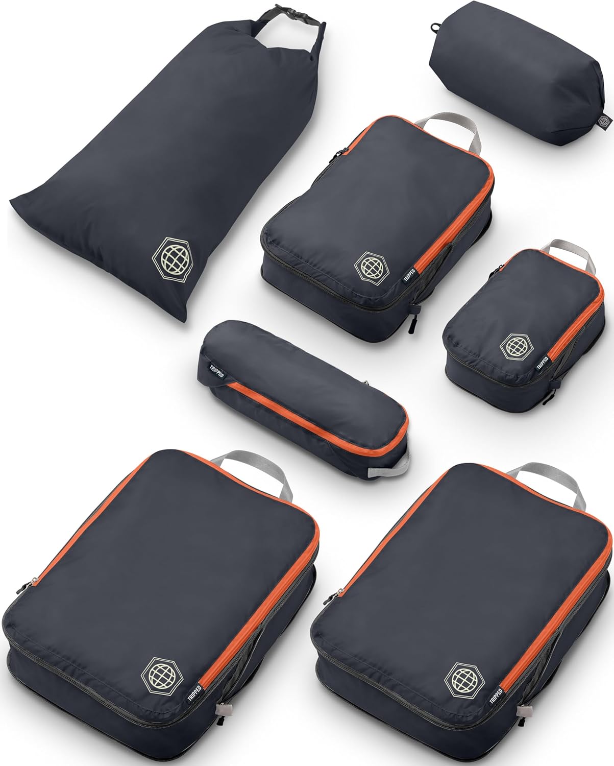 Large Compression Packing Cubes for Travel-Packing Cube Luggage Organizers 7 Piece Set for Checked Luggage-Ultralight, Expandable/Compression Bags by TRIPPED Travel Gear (Grey/Orange) - Roamly