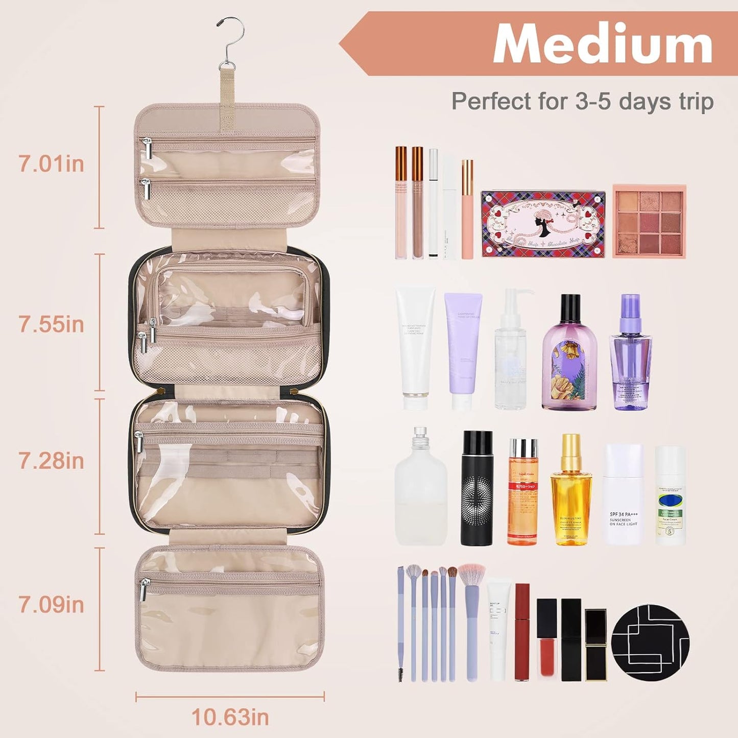 Wedama Toiletry Bag for Women, Medium Cosmetic Travel Bag, Hanging Toiletry Bag for Bathroom, Thickened PVC Waterproof Makeup Bag, Toiletries Bag for Travel Business Trips and Camping, Black - Roamly