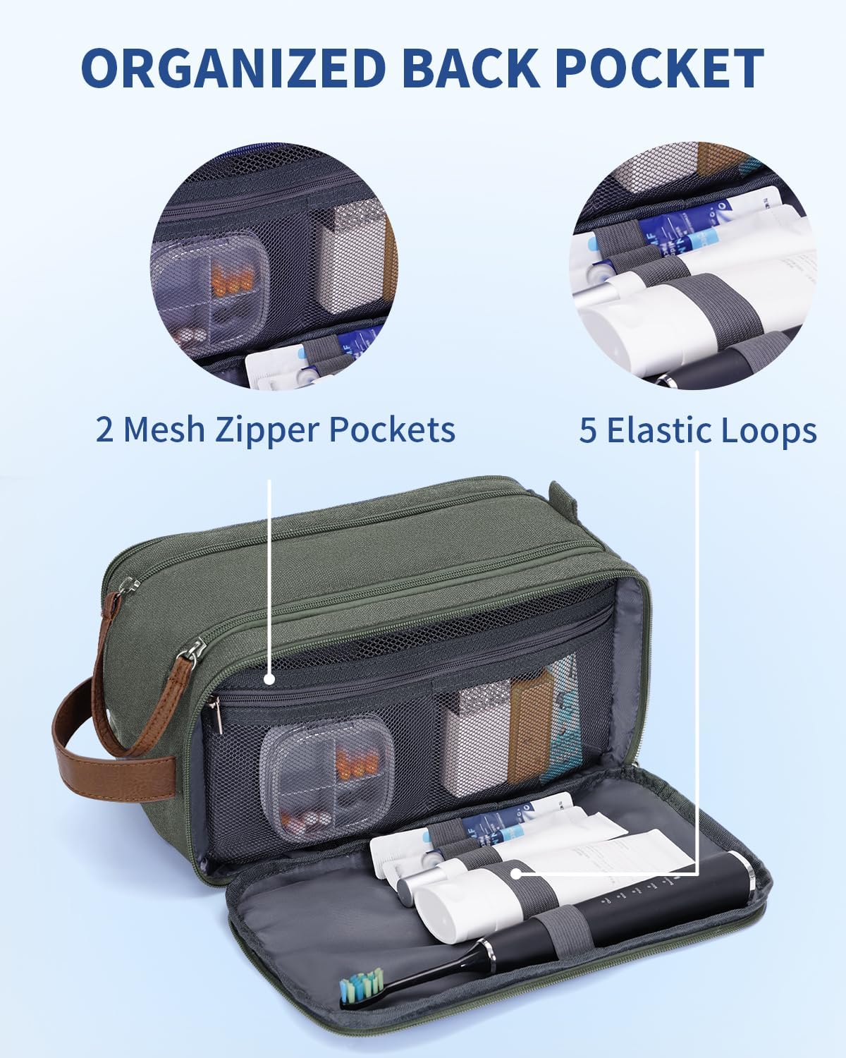 WANDF Toiletry Bag for Men Travel Toiletry Organizer Canvas and Leather Dopp Kit Water-Resistant Shaving Bag for Travel Accessories (Green, Large) - Roamly