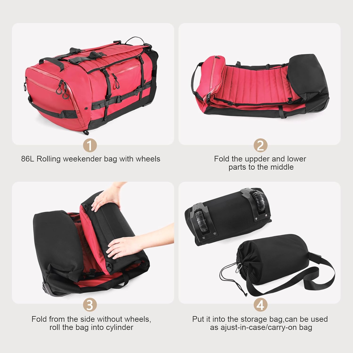 Vomgomfom 86L Collapsible Wheeled Luggage With Removable Backpack Straps,Waterproof Rolling Duffle Bag with Quilted Base,No Telescope Handle,Red - Roamly