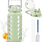 MUKOKO 64oz Glass Water Bottles with Straw and Lid,Half Gallon Water Bottle with Time Marker,Large Glass Water Jug with Silicone Sleeve and Stainless Steel Handle-Green