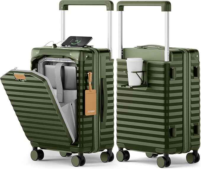Joyway 20 Inch Carry on Luggage with Front Pocket, PC Hardshell Carry-on Suitcase with USB Port and Cup Holder, 21.5x14.2x9 Airline Approved, Luggage with Spinner Wheels and TSA Lock(Dark Green)