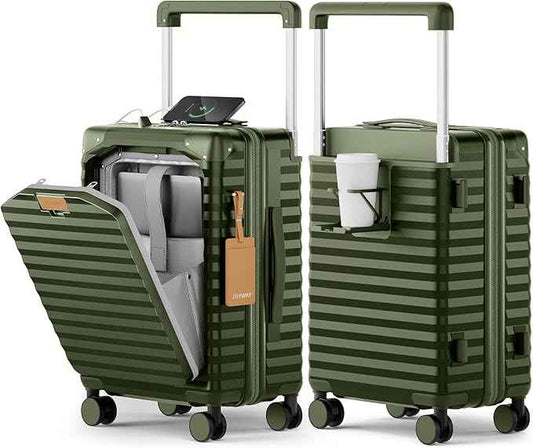 Joyway 20 Inch Carry on Luggage with Front Pocket, PC Hardshell Carry-on Suitcase with USB Port and Cup Holder, 21.5x14.2x9 Airline Approved, Luggage with Spinner Wheels and TSA Lock(Dark Green)