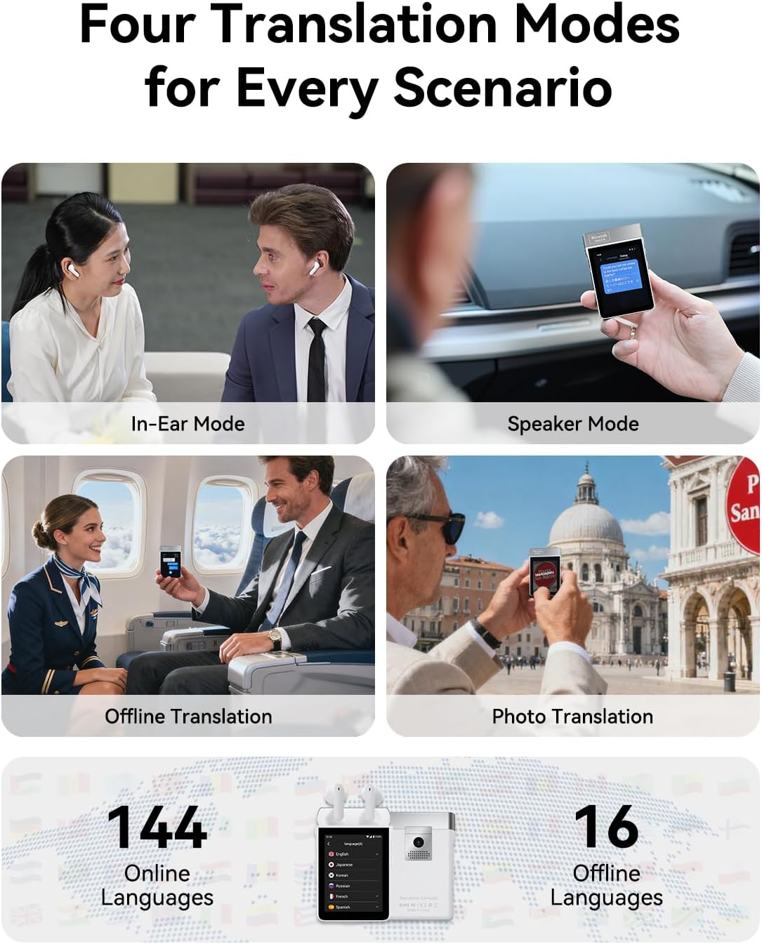 Wooask A9 Translation Earbuds Real Time Support Calls & Hotspot Sharing, AI Translator Device No APP No Phone Needed with 140+ Languages, ChatGPT/Offline/Photo Translation for Business & Travel