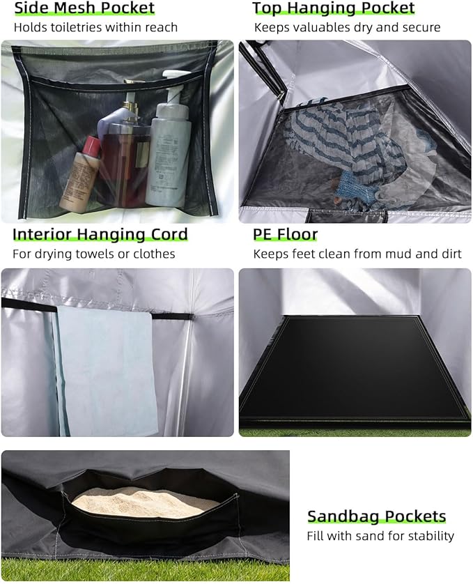 Large Shower Tent, Portable Privacy Tent with Mesh Floor & Carrying Bag, Lightweight & Sturdy, Easy Set Up, Portable Changing Room for Camping & Hiking, Fishing, Beach