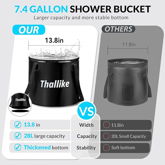 Portable Camping Shower, Pop Up Shower Privacy Tent Kit with LED Lights, 4500mAh Rechargeable Shower Pump, Filtered Shower Head & 7.4 Gallons Foldable Bucket, Outdoor Shower for Hiking Beach, Travel