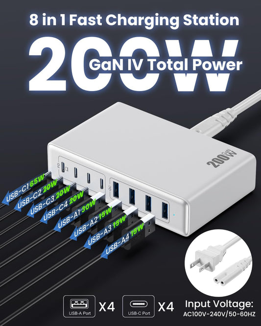 200W USB C Charger Block,GaN IV Charging Station 8 Ports,QC4.0 Fast Charging Station Hub+PD 65W USB C Laptop Charger Adapter Compatible with MacBook Air/Pro,DELL,iPhone 16/15,iPad,Steam Deck-White - Roamly