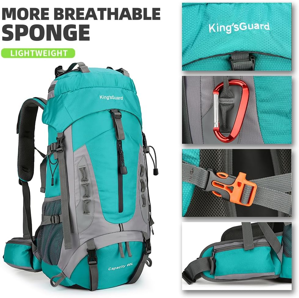 King'sGuard 60L Hiking Backpack Large Waterproof Camping Backpack for Men and Women Lightweight Frameless Backpacking Backpack with Rain Cover (Lake Blue) - Roamly
