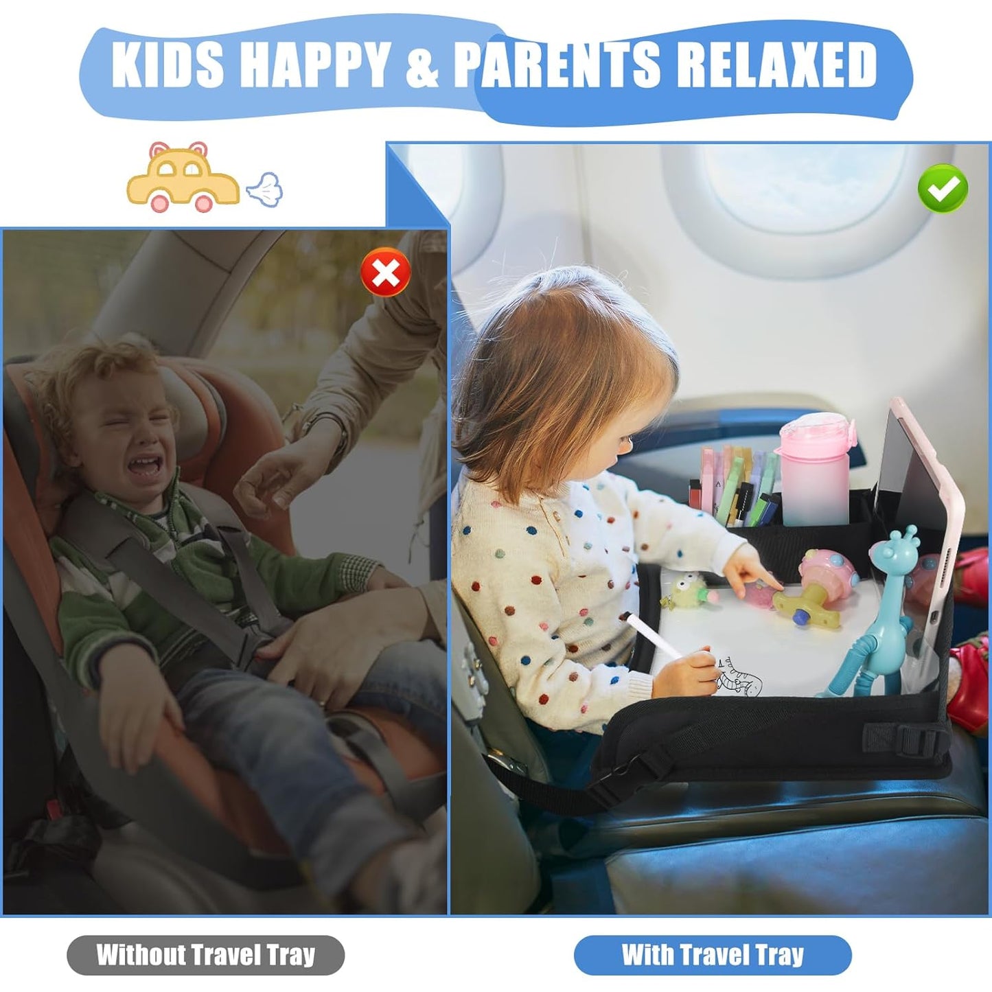 Upgraded Kids Travel Tray for Airplane - Toddler Car Seat Table Tray, Road Trip Essentials for Boys & Girls, Carseat Lap Desk for Kids Road Trip Activities, Black - 2 PCS