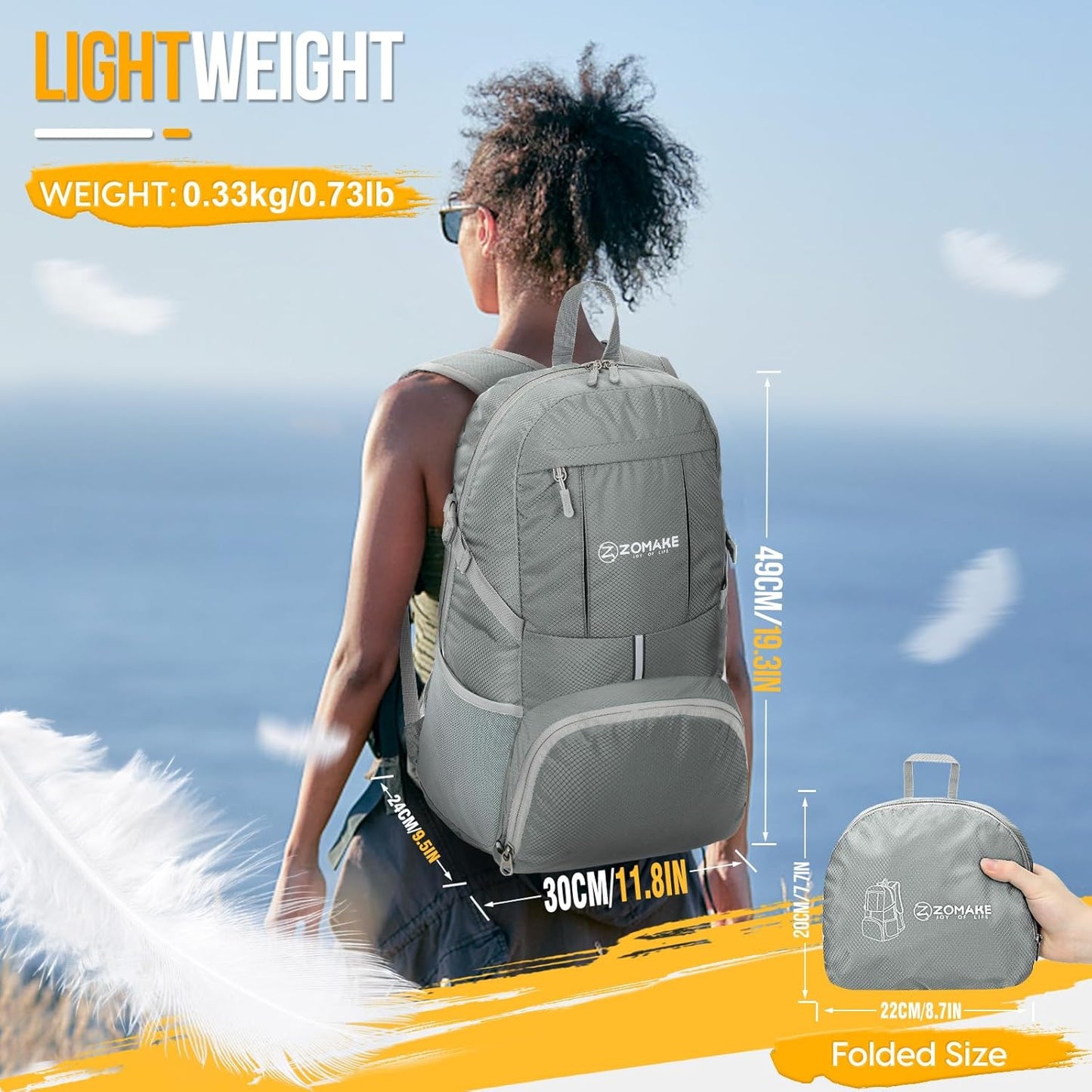 ZOMAKE Lightweight Packable Backpack 35L, Light Foldable Backpacks Water Resistant Collapsible Hiking Bag, Compact Folding Day Pack for Travel Camping(Sliver Grey) - Roamly